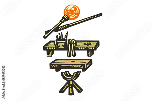 A stylized vector illustration of glassblowing tools including a