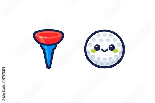 A cute vector illustration featuring a smiling cartoon golf ball with