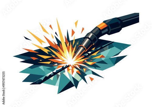 Dynamic Welding Sparks. Low-poly vector illustration focused on welding arc flash during the action escalation, dramatic