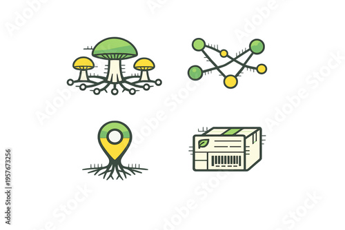 A set of four vector icons featuring mushrooms with mycelium roots, a