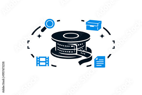 A minimalist vector illustration featuring a film reel surrounded by