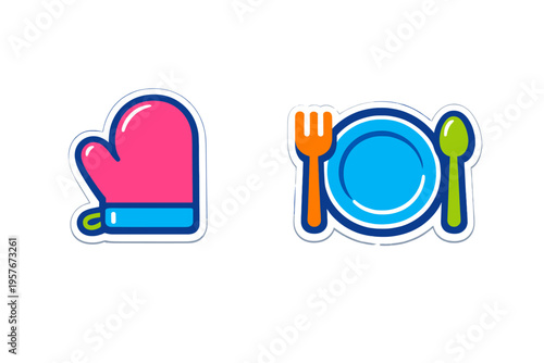 A set of colorful kitchen icons featuring a pink oven mitt and a