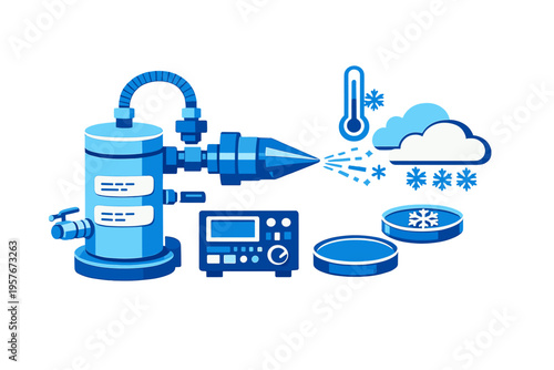A blue vector illustration of an industrial snow making machine or