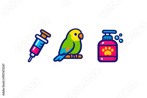 A set of colorful pet care icons featuring a medical syringe with