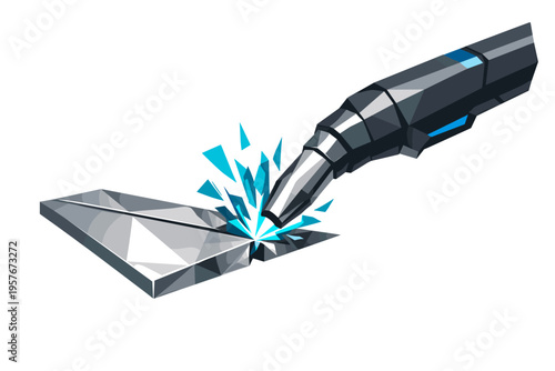 Low-poly vector illustration focused on welding arc flash showing the cause/setup moment, faceted welding torch approaching a