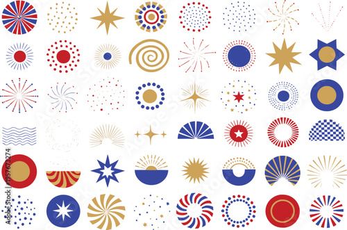 Collection of decorative festive graphical elements featuring stars bursts and circular patterns Vector