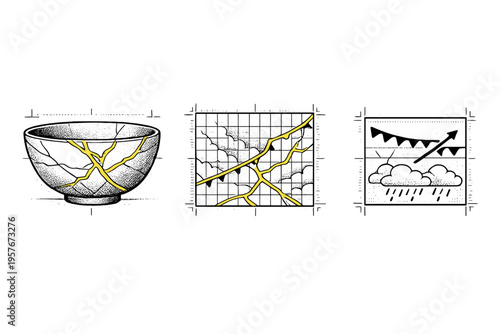 A set of three technical illustrations featuring a kintsugi bowl