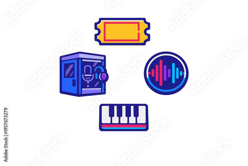 A set of four vibrant music and audio production icons featuring a