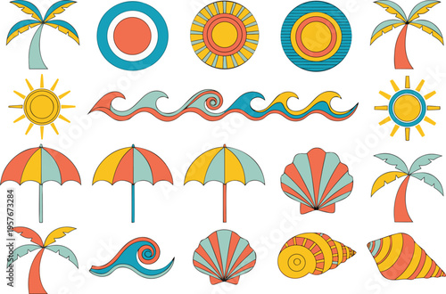 A collection of retro style summer vacation icons featuring palm trees sun waves and sea shells Vector