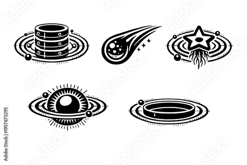 Schilderij op canvas Collection of minimalist black and white space icons including a data