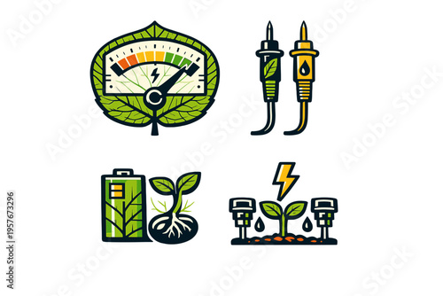 A collection of four vector icons representing green energy and