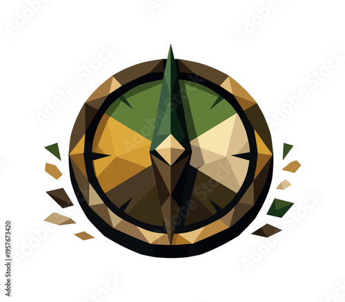 Geometric compass rose with a low-poly design and earthy color palette