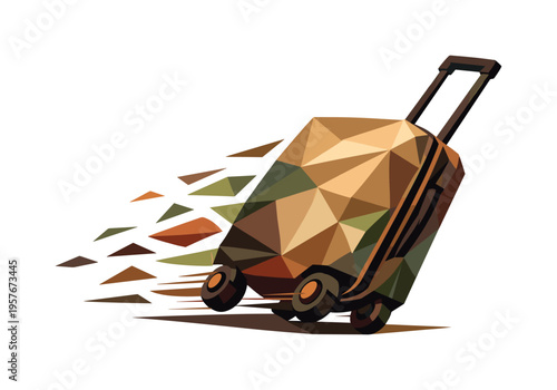 Low-poly vector illustration of a rolling suitcase speeding forward, hard-shell luggage body built from sharp triangular polygon