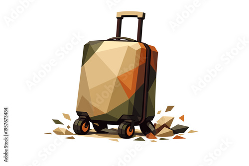 Low-poly vector illustration of a suitcase slowing after a fast roll dash, wheels angled slightly inward with geometric fragments