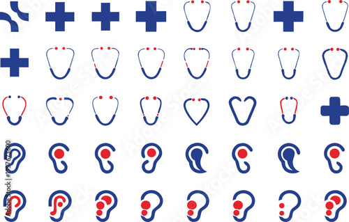 Collection of medical icons featuring stylized crosses stethoscopes and human ear silhouettes Vector