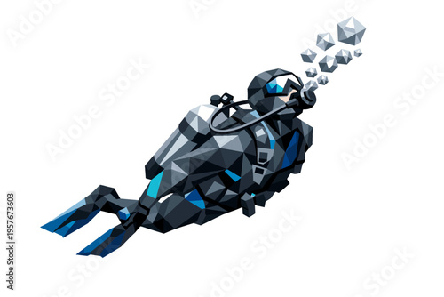 Low-poly vector illustration of a scuba diver just beginning to release bubbles underwater, angular diver figure with tank and