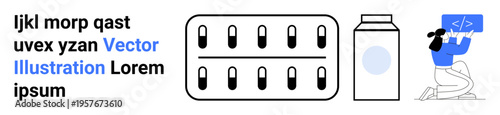 Healthcare, coding, medication design, pharmaceuticals, online services, technology. Includes pill blister pack, medicine bottle developer holding code. Pharmaceuticals and coding technology