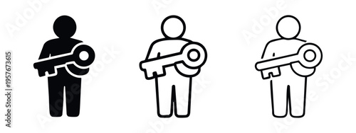 Person with Key Icon Set. User Access and Security Symbol. Solution Keyholder UI.