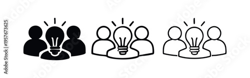 Teamwork Idea Generation and Collaboration Icon Set, Group Brainstorming with Lightbulb Concept Symbol