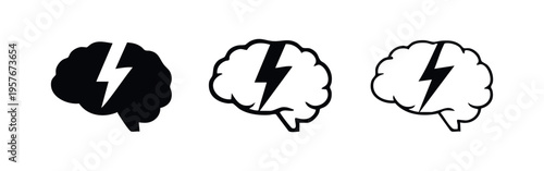 Creative Brain with Lightning Bolt Icon Set, Intelligence and Idea Generation Symbol, Mind Power Concept