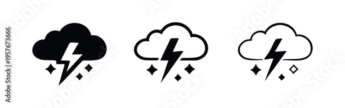 Thunderstorm Cloud with Lightning and Rain/Hail Icons, Severe Weather Symbol Set, Cloud and Storm with Sparkle