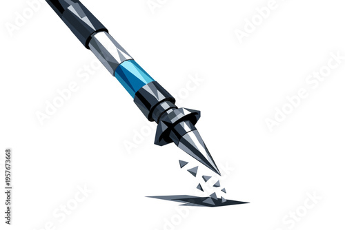 Low-poly vector illustration of a hiking pole descending toward the ground just before planting, angular trekking pole held