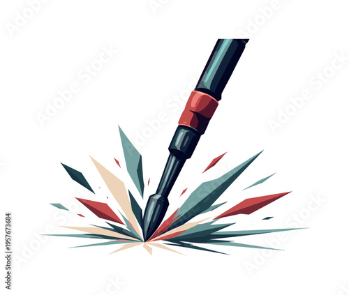 Hiking Pole Impact. Low-poly vector illustration of a hiking pole striking the ground during a trekking step, sharp faceted pole