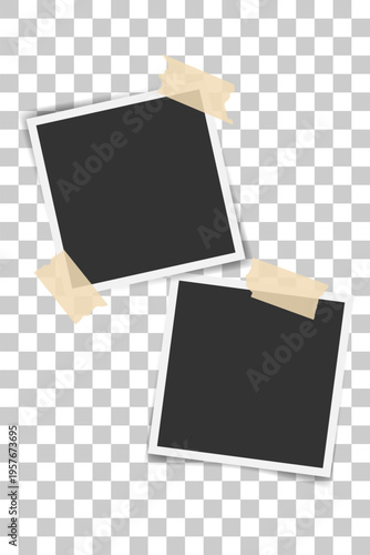 Set of instant photo frames with masking tape pieces. Square snapshot frames fixed adhesive tape. isolated on transparent background. Mockup for scrapbooking, social media design, poster, banner