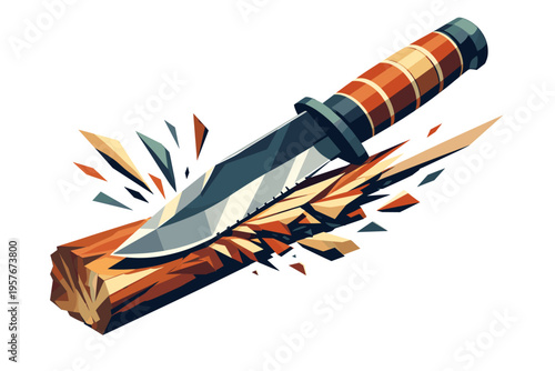 Low-poly vector illustration of a survival knife slicing through wood during an active carving motion, angular blade cutting