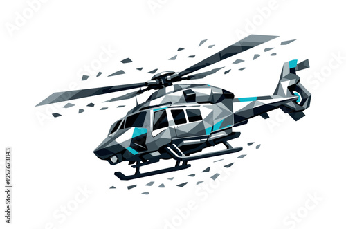 Low-poly vector illustration of a rescue helicopter descending into position before hover, faceted helicopter body angled