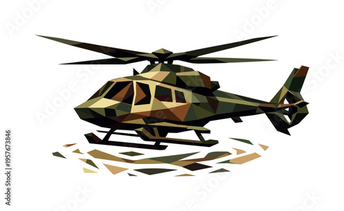 Low-poly vector illustration of a rescue helicopter hovering in place, angular fuselage and sharp triangular rotor blades forming