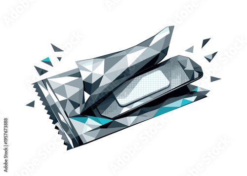 Low-poly vector illustration of a first aid bandage being peeled from its wrapper before use, angular adhesive strip slightly