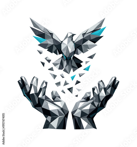 Low-poly vector illustration of hands opening to release a dove, angular human hands built from triangular facets with a