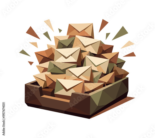 Low-poly vector illustration of an overflowing inbox tray bursting with envelopes, faceted rectangular tray and angular envelope
