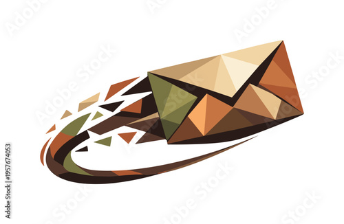 Low-poly vector illustration of an email envelope launching forward with a swoosh motion, faceted envelope body built from sharp
