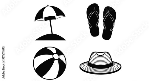 Beach Accessories Icons Black and White Vector Set Isolated on White