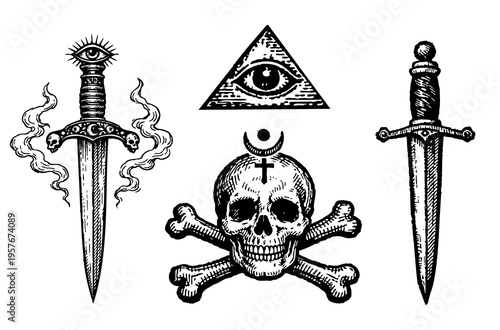Occult symbols set vintage engraving, skull and crossbones, all seeing eye, ritual daggers black and white illustration