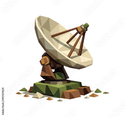 Low-poly vector illustration of a satellite dish stabilized after rotation, angular parabolic dish locked in an upward-facing