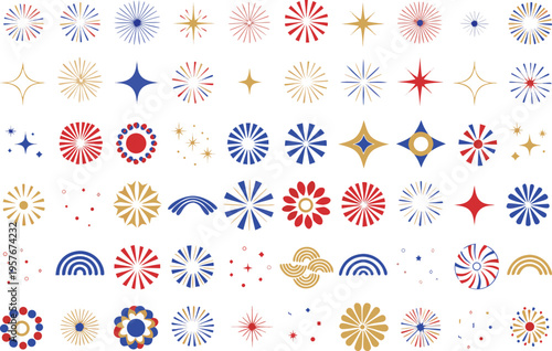 Collection of various decorative firework bursts and star shapes in red blue and gold colors Vector