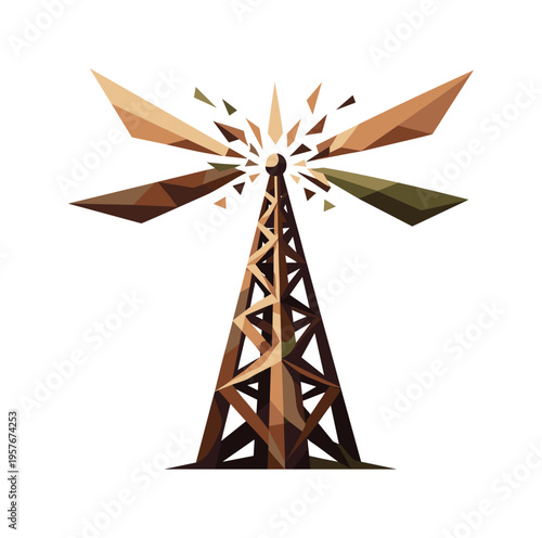 Low-poly vector illustration of a broadcast antenna tower emitting strong signal beams, faceted lattice tower built from sharp