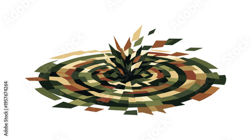Low-poly vector illustration of a digital data ripple distorted by a glitch, concentric polygon wave rings built from sharp