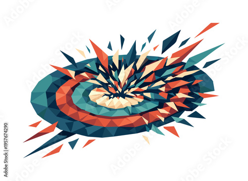 Low-poly vector illustration of a powerful glitch disrupting a digital ripple pattern, faceted polygon wave rings shattering into
