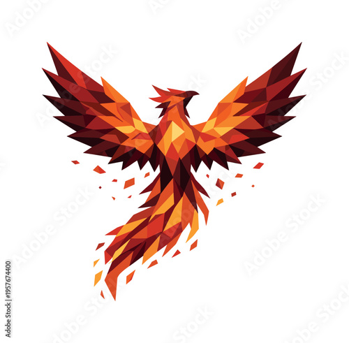 Rising Phoenix Vector. Low-poly vector illustration of a phoenix rising with wings spread, faceted bird body built from sharp