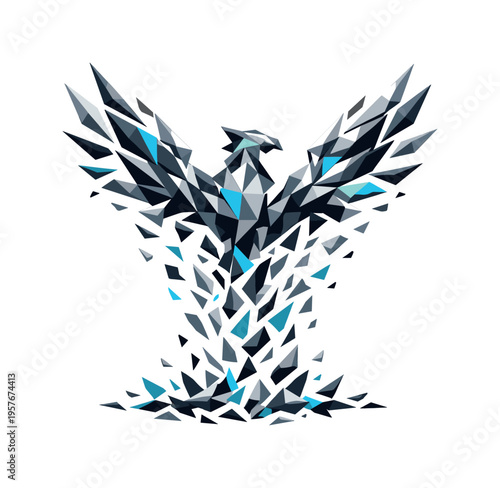 Low-poly vector illustration of glowing embers gathering before forming a phoenix, triangular ember fragments swirling together
