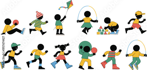 A collection of stylized stick figures representing children engaged in various active outdoor games Vector