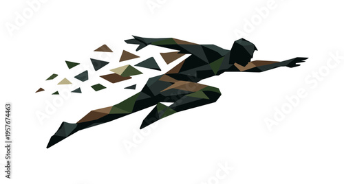 Low-poly vector illustration of a shadow silhouette gliding through the peak of the leap, angular body stretched forward with
