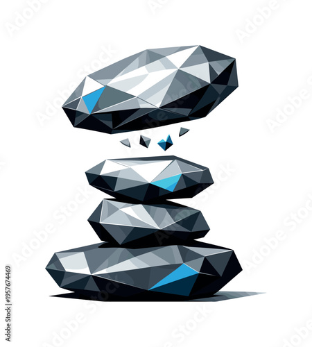 Low-poly vector illustration of a stone being carefully placed onto a balancing stack, angular rock hovering just above faceted