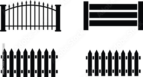 Black fence and gate silhouette vector set featuring wooden picket and metal garden barriers, minimal flat icon design isolated on white background