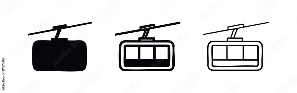Fototapeta premium Gondola lift icons set. Cable car transport symbols in solid and outline styles.