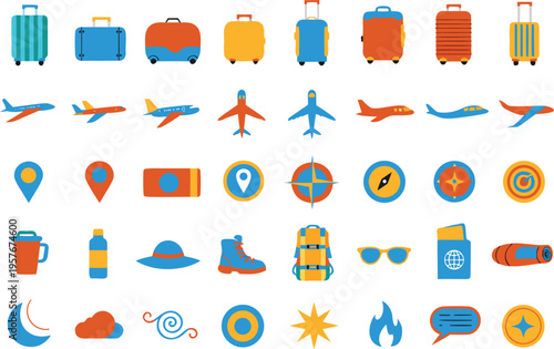 Collection of colorful flat vector icons representing various travel and tourism related elements Vector